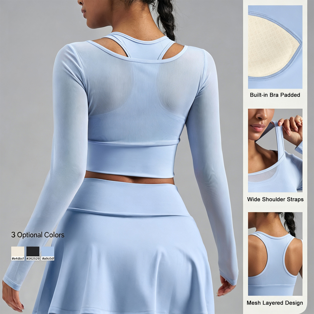 Tankye New Mesh Fake Two-Piece Long Sleeve Workout Top with Built-In Bra, Support Athletic Shirt for Yoga, Running & Daily Fitness