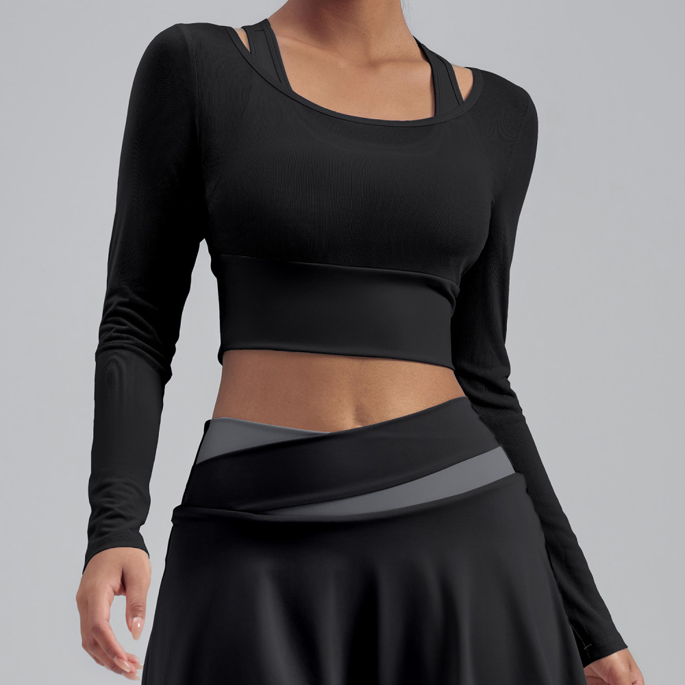 Tankye New Mesh Fake Two-Piece Long Sleeve Workout Top with Built-In Bra, Support Athletic Shirt for Yoga, Running & Daily Fitness