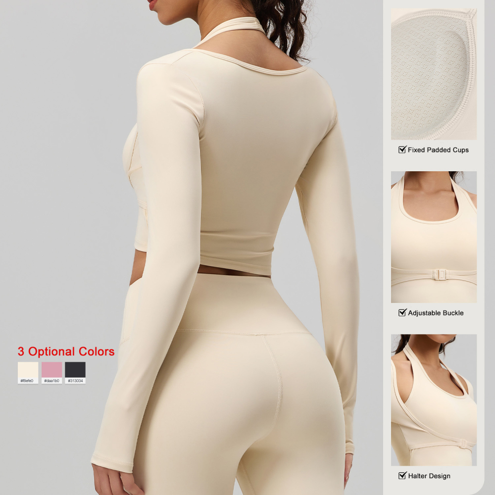 Tankye Peach Halter Long Sleeve Yoga Top, Fake Two-Piece Workout Shirt with Built-In Padded Bra, Athletic Top for Running, Gym & Training
