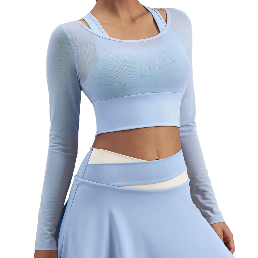 Tankye New Mesh Fake Two-Piece Long Sleeve Workout Top with Built-In Bra, Support Athletic Shirt for Yoga, Running & Daily Fitness