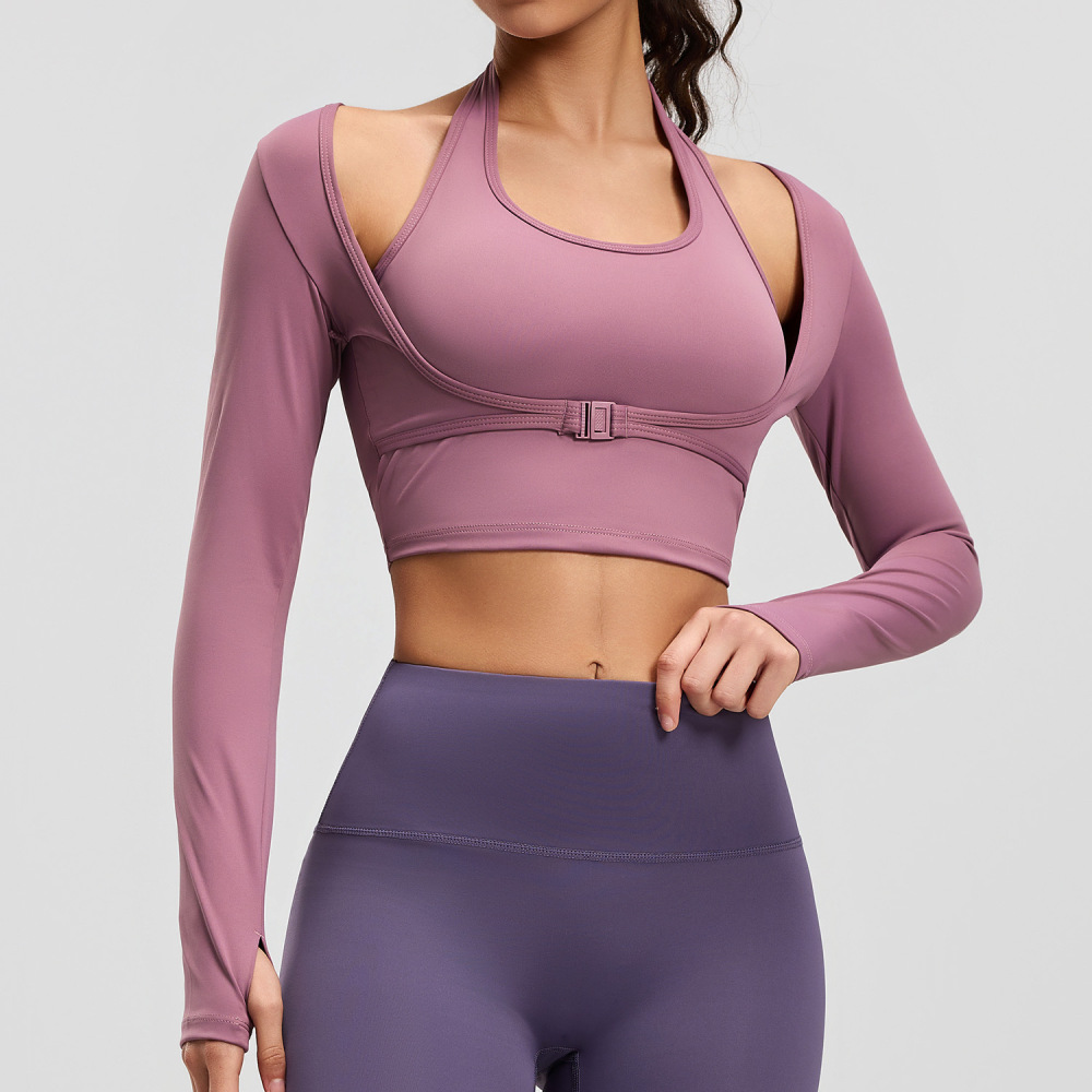 Tankye Peach Halter Long Sleeve Yoga Top, Fake Two-Piece Workout Shirt with Built-In Padded Bra, Athletic Top for Running, Gym & Training