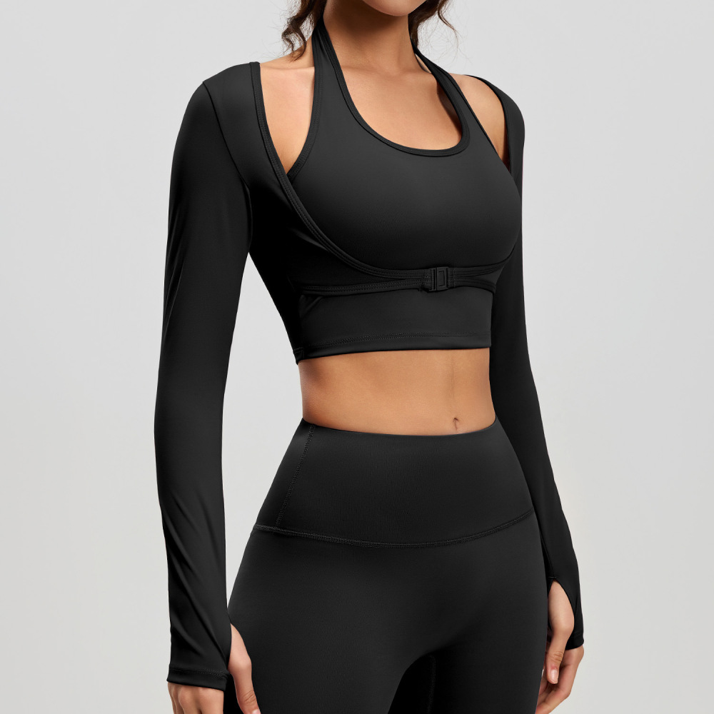Tankye Peach Halter Long Sleeve Yoga Top, Fake Two-Piece Workout Shirt with Built-In Padded Bra, Athletic Top for Running, Gym & Training