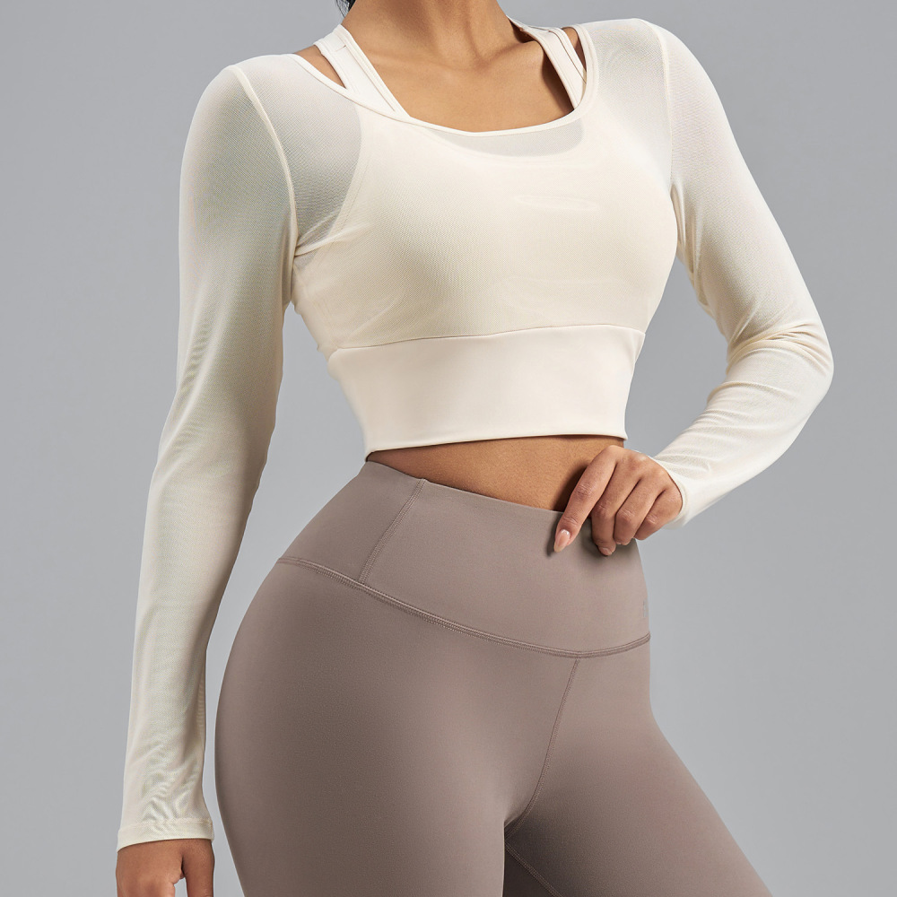 Tankye New Mesh Fake Two-Piece Long Sleeve Workout Top with Built-In Bra, Support Athletic Shirt for Yoga, Running & Daily Fitness