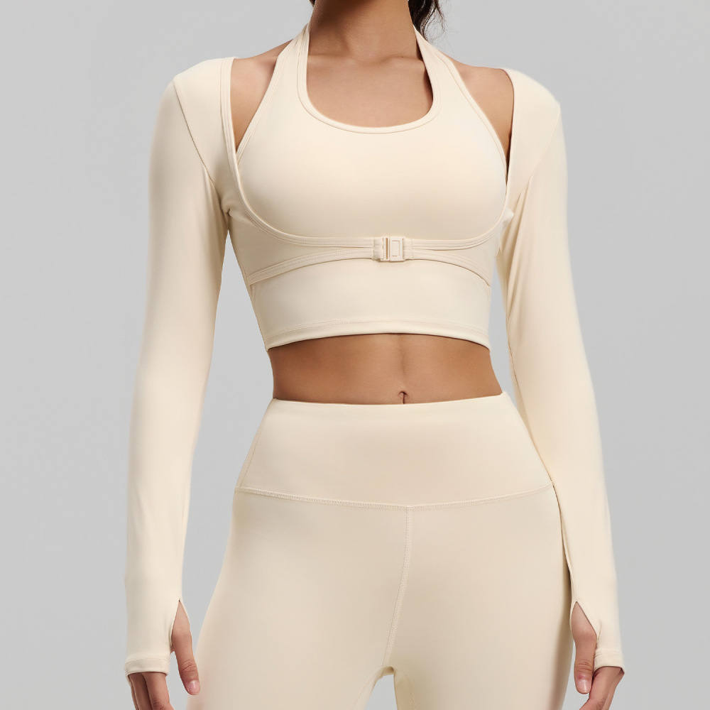 Tankye Peach Halter Long Sleeve Yoga Top, Fake Two-Piece Workout Shirt with Built-In Padded Bra, Athletic Top for Running, Gym & Training