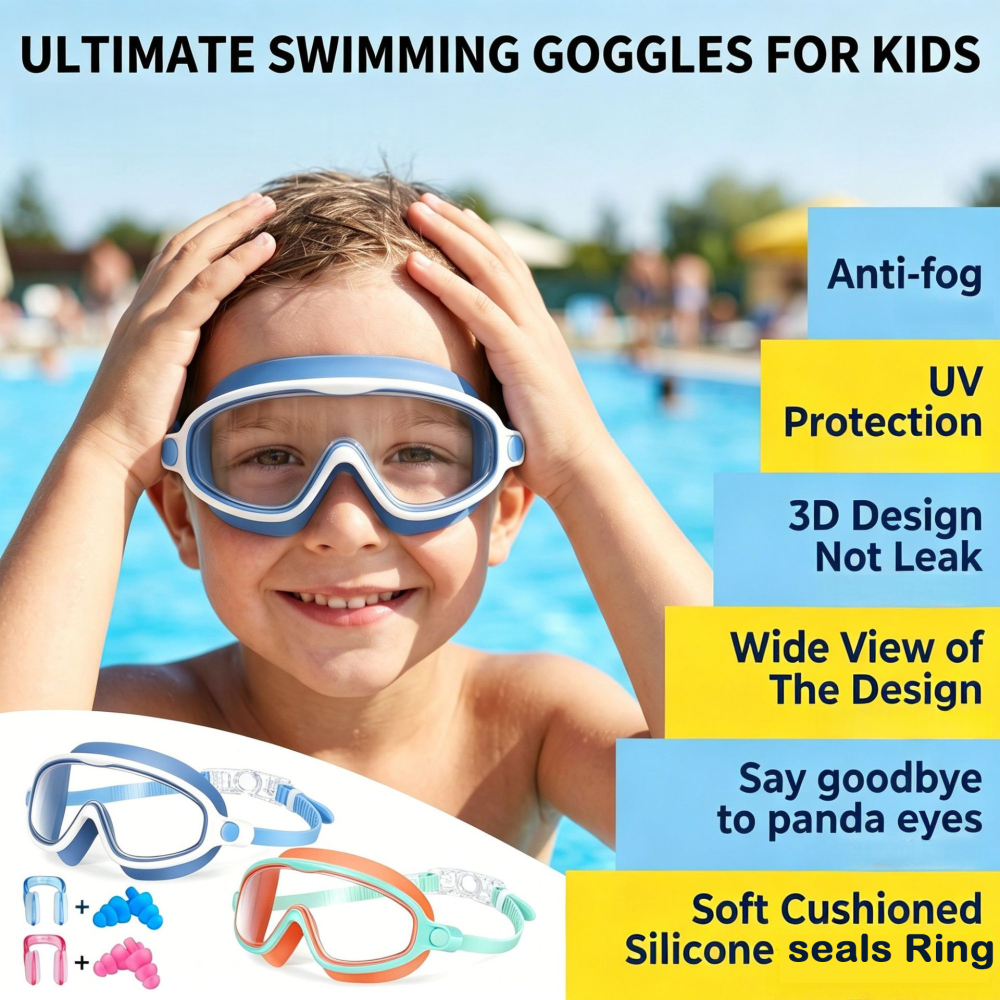 Tankye 2-Pack Kids Swimming Goggles, Anti-Fog & UV Protection Wide View Swim Glasses for Boys & Girls Ages 3–14