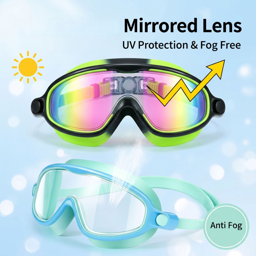 Tankye 2-Pack Kids Swimming Goggles, Anti-Fog & UV Protection Wide View Swim Glasses for Boys & Girls Ages 3–14