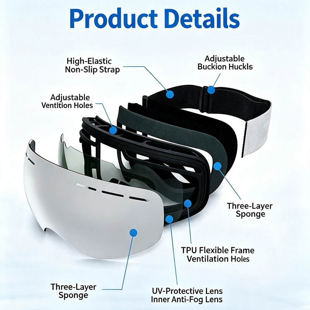 Tankye Adult Ski Goggles, Large Spherical Outdoor Riding Goggles, Fits Over Glasses, UV Protection, Dual-Layer Anti-Fog Snow Goggles