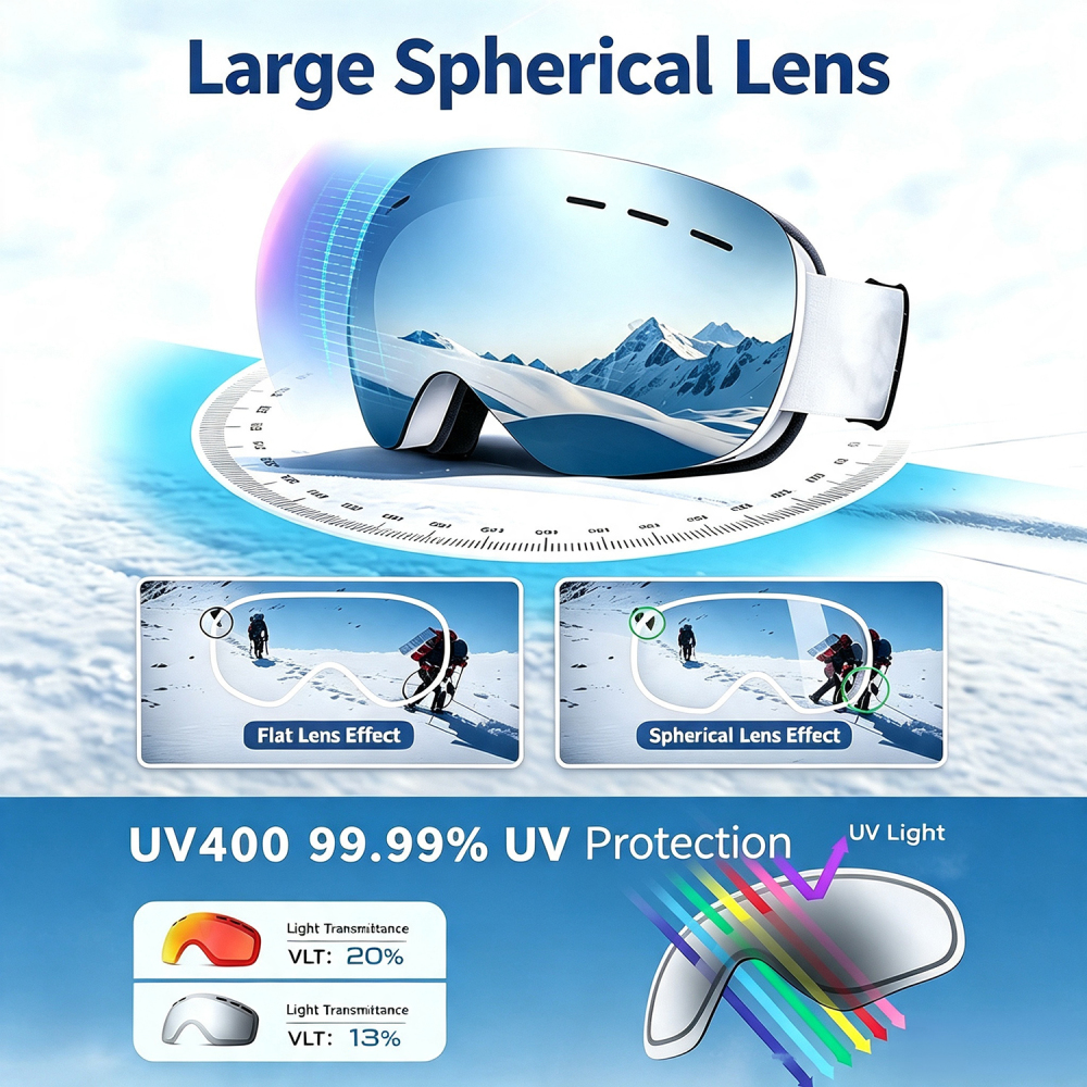 Tankye Adult Ski Goggles, Large Spherical Outdoor Riding Goggles, Fits Over Glasses, UV Protection, Dual-Layer Anti-Fog Snow Goggles