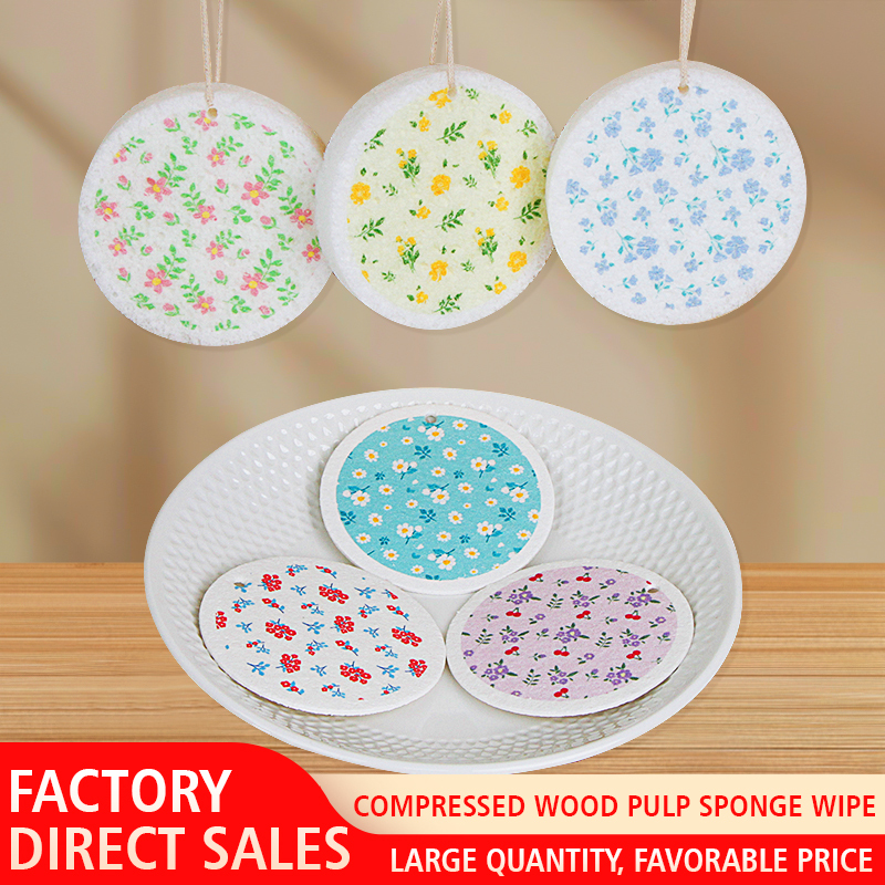 Printed compressed dishwashing wood pulp cotton