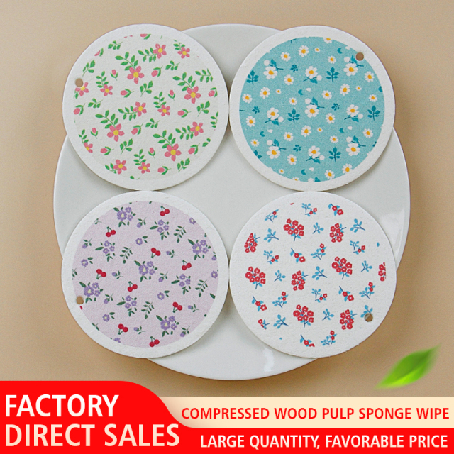 Printed compressed dishwashing wood pulp cotton