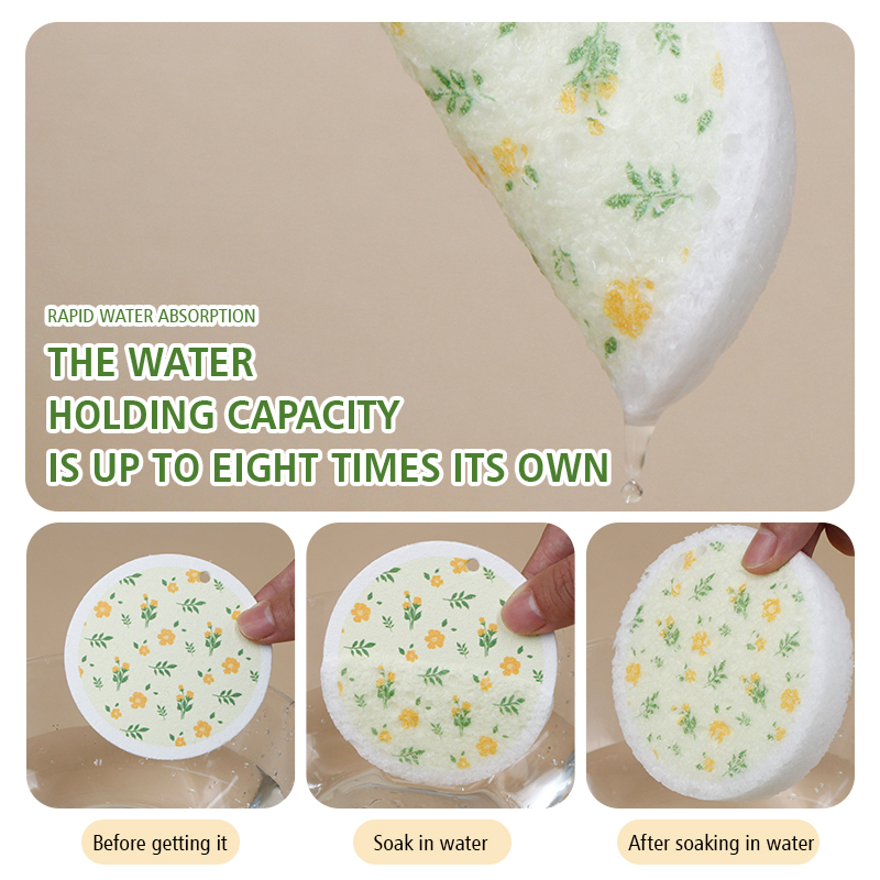 Printed compressed dishwashing wood pulp cotton
