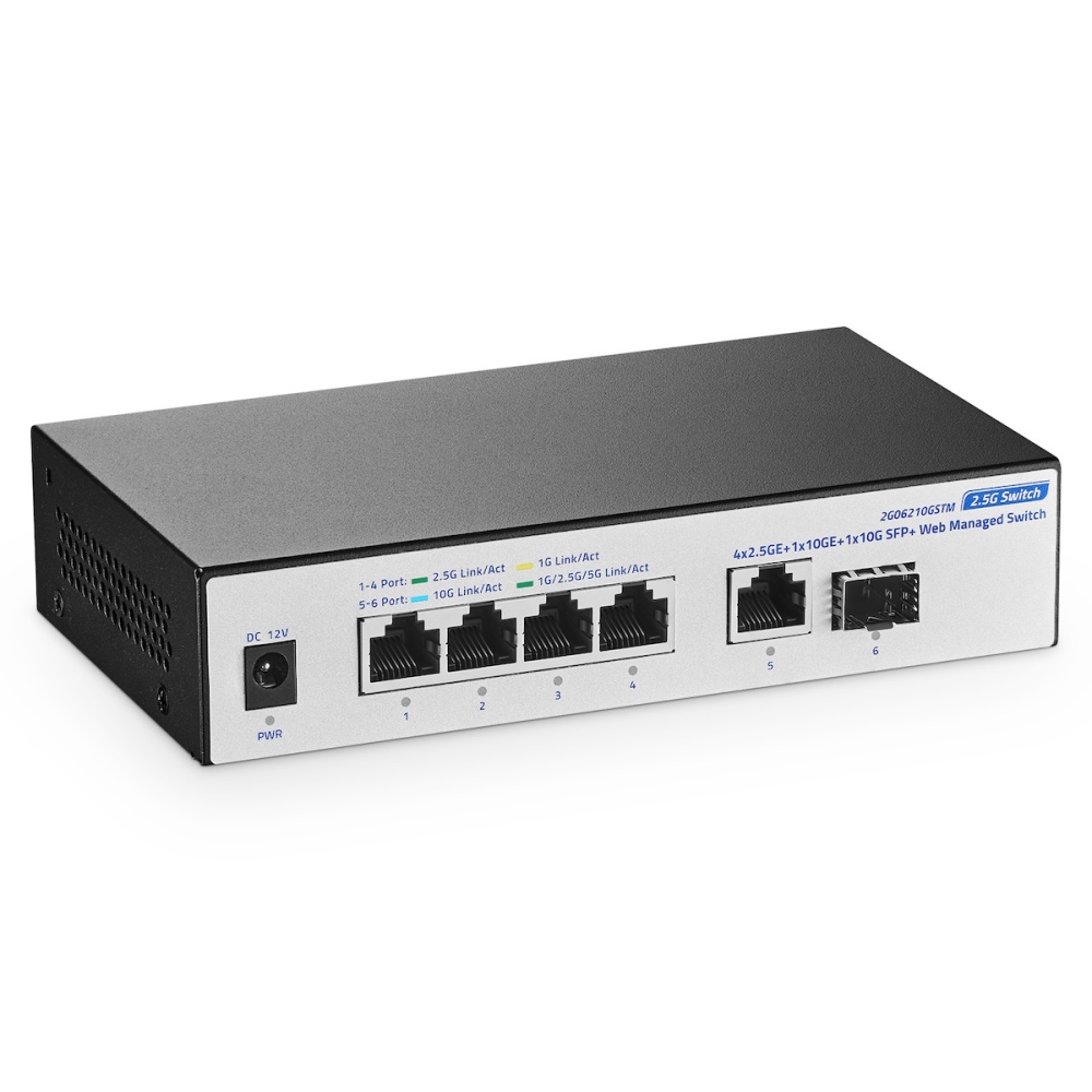 10G Web Managed Switch, 4x2.5G + 2x10G RJ45 Ports, LACP/VLAN/QoS, Fanless Metal, for NAS/Gaming/8K Streaming