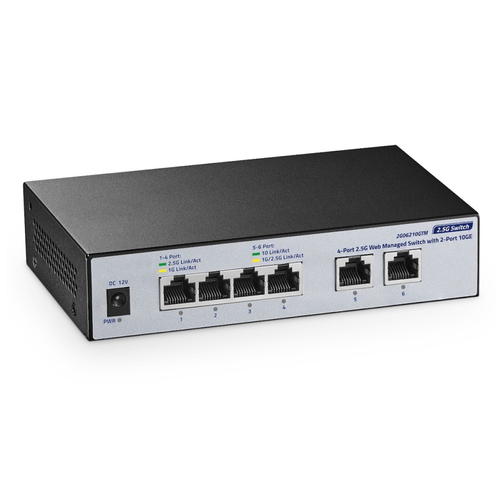 10G Web Managed Switch, 4x2.5G + 2x10G RJ45 Ports, LACP/VLAN/QoS, Fanless Metal, for NAS/Gaming/8K Streaming