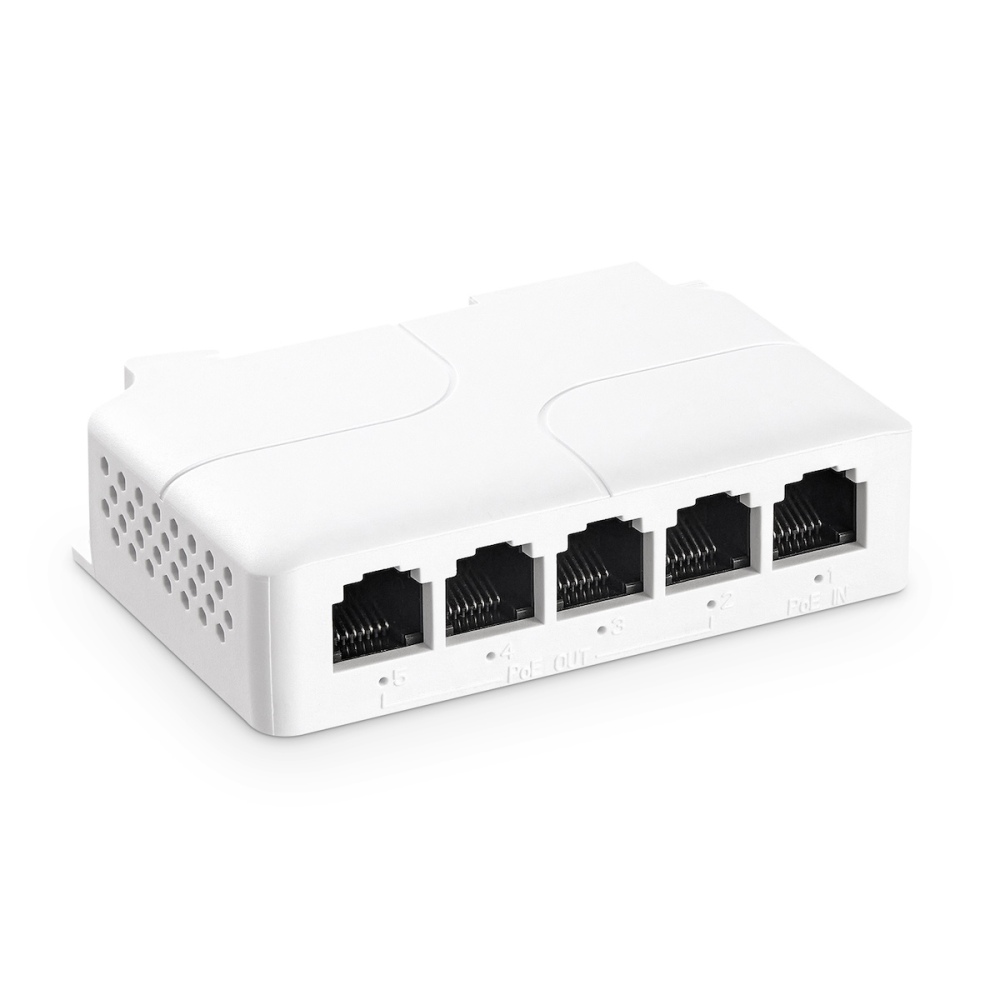 5 Port PoE Extender, 1 in 4 Out PoE+ Repeater, 10/100Mbps, IEEE 802.3 af/at/bt 90W, Wall and Din Rail Mount YuLinca PoE Passthrough Switch