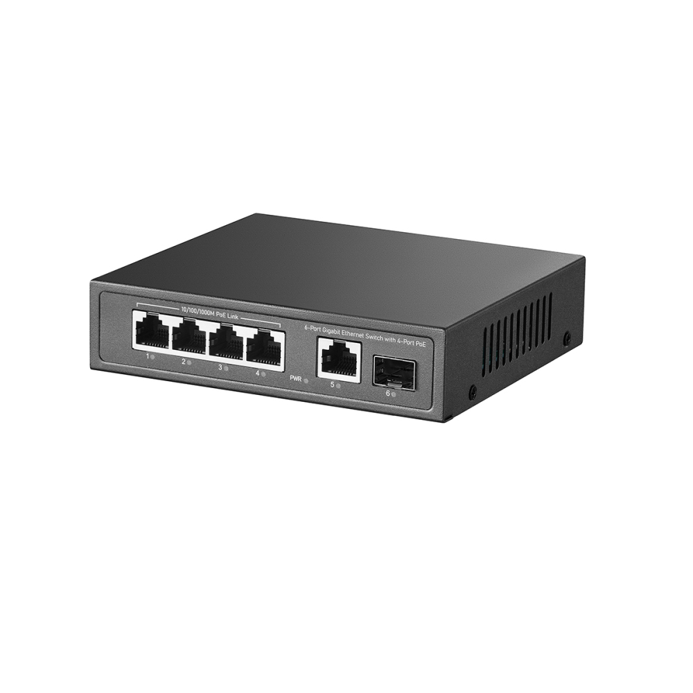 YuLinca 6 Port Mini Gigabit PoE Switch with 4 PoE+ Port, 1 Gigaibt RJ45 Uplink, 1 Gigabit SFP, IEEE802.3af/at, Max 65W, Metal Fanless Plug & Play Ethernet Switch