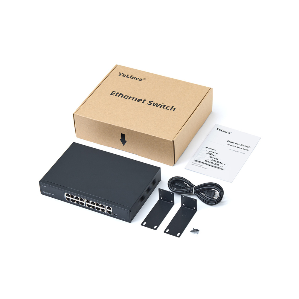 16 Port PoE Switch with 2 Gigabit Uplink, 10/100Mbps PoE+ Ports, 100/1000Mbps Uplink, IEEE802.3af/at, Max 200W, VLAN & PoE Extend 250m, YuLinca Metal RackMount Fanless Unmanaged Ethernet Switch