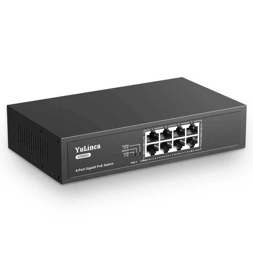 YuLinca 8 Port Gigabit PoE Switch, IEEE802.3af/at PoE+, Max 120W, VLAN & PoE Extend 250m , Fanless Plug & Play Ethernet Switch