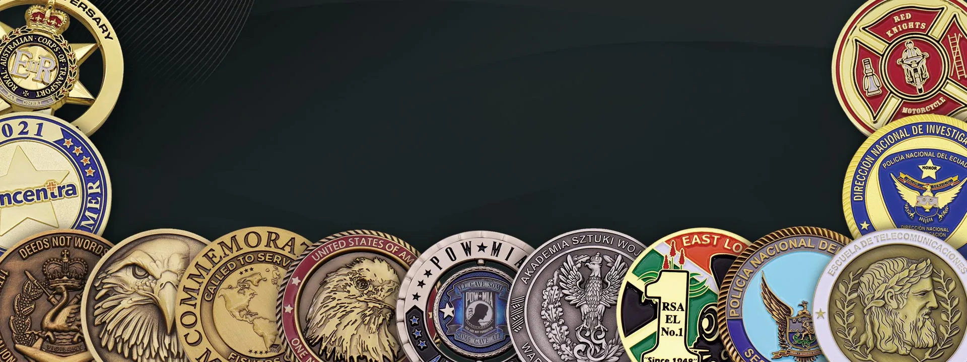Custom challenge coin examples with enamel and metal finishes