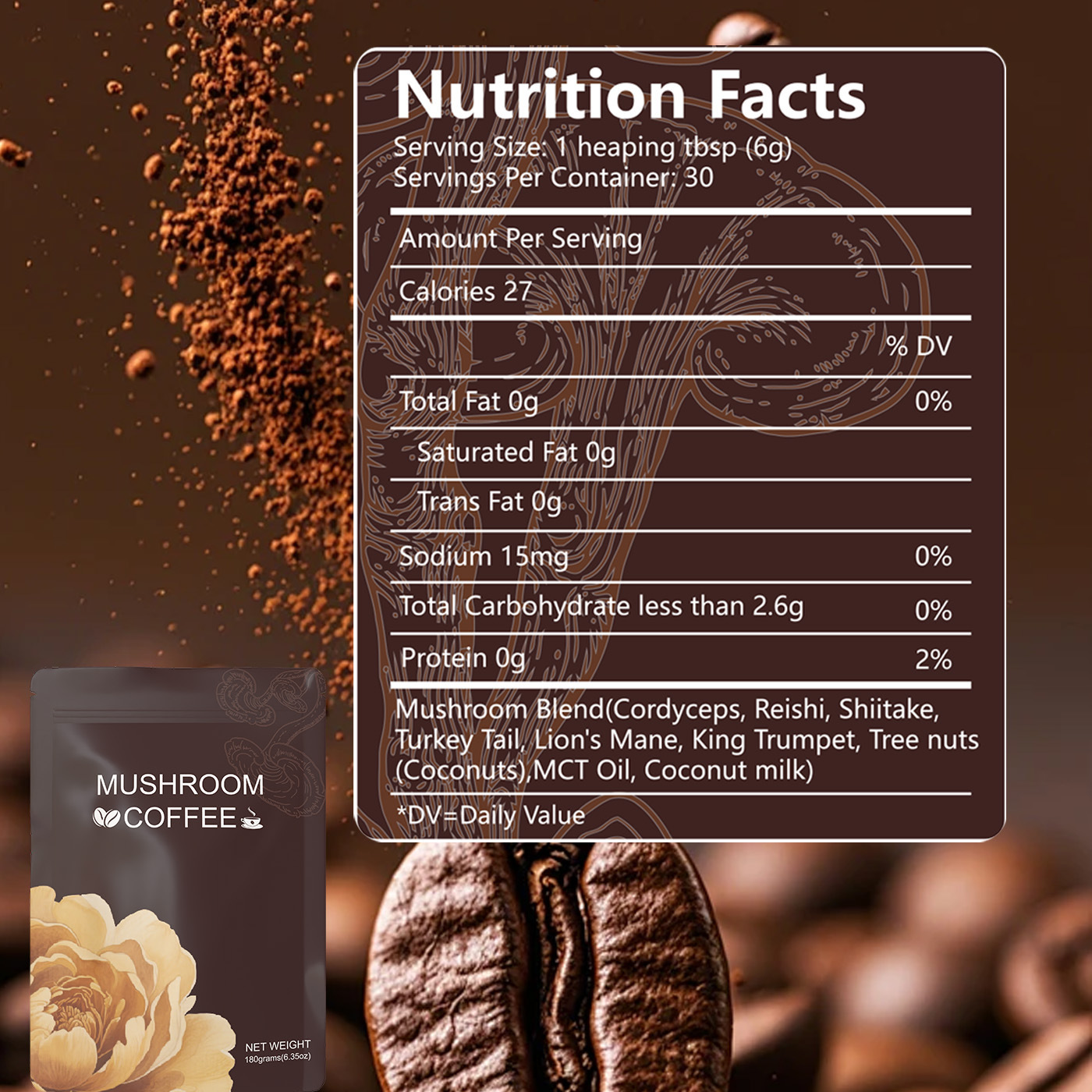 Mushroom Coffee organic MUSHROOM BLEND 2000MG SUPPORTS HEALTHY BRAIN FUNCTION