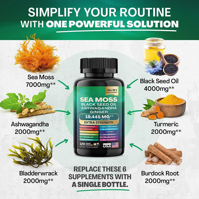 Sea Moss Supplement  Moss Advanced with Burdock Root, Bladderwrack & Muira Puama for Immunity, Gut, & Energy - Superfood Sea Moss Supplements w/Raw Sea Moss Powder  60 Vegan