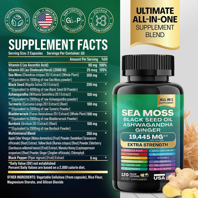 Sea Moss Supplement  Moss Advanced with Burdock Root, Bladderwrack & Muira Puama for Immunity, Gut, & Energy - Superfood Sea Moss Supplements w/Raw Sea Moss Powder  60 Vegan