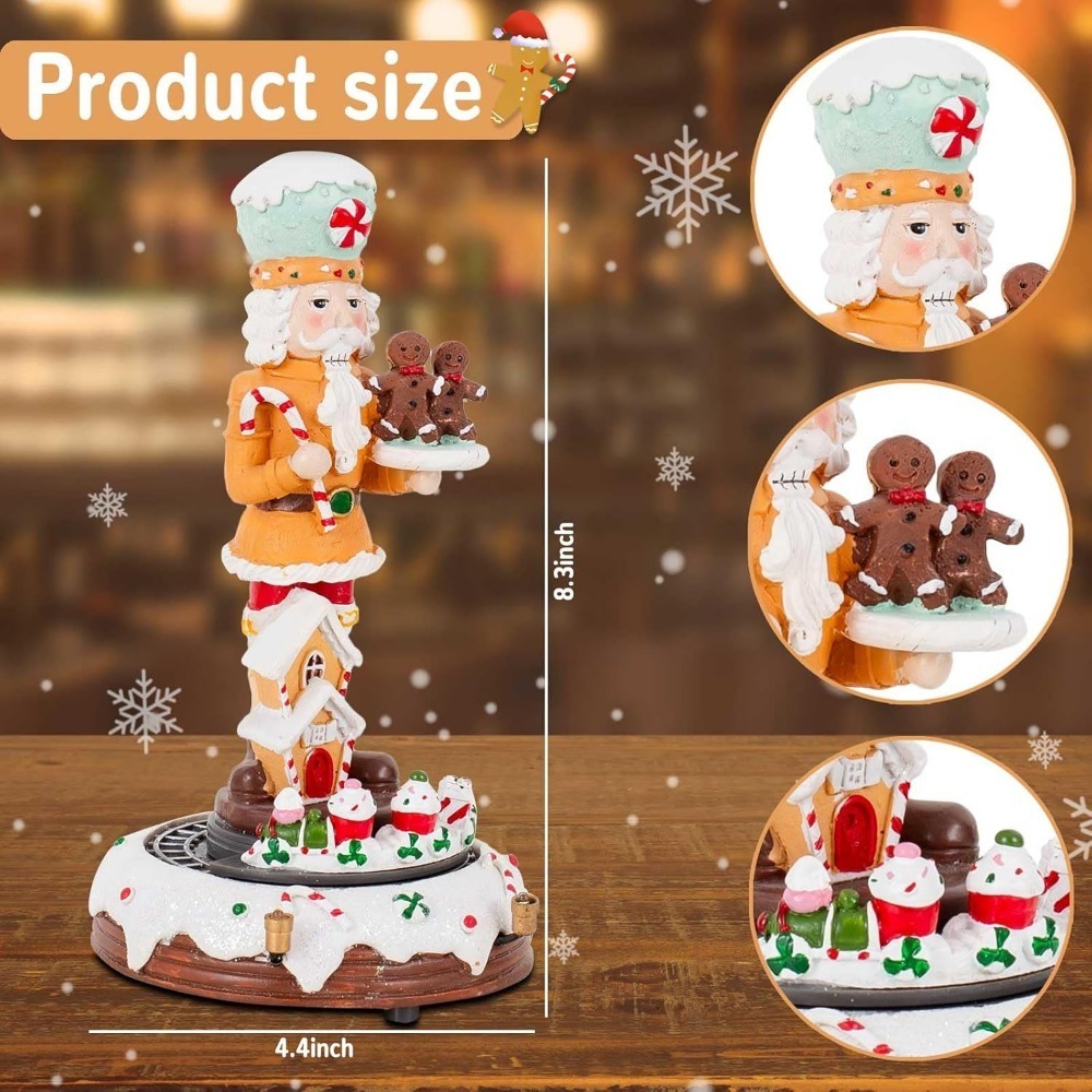 Christmas Gingerbread Nutcracker Collection Figurines, Animated Rotating Train Tiered Nutcracker Decor with LED Light, Indoor Winter Table Desktop Fireplace Decorations