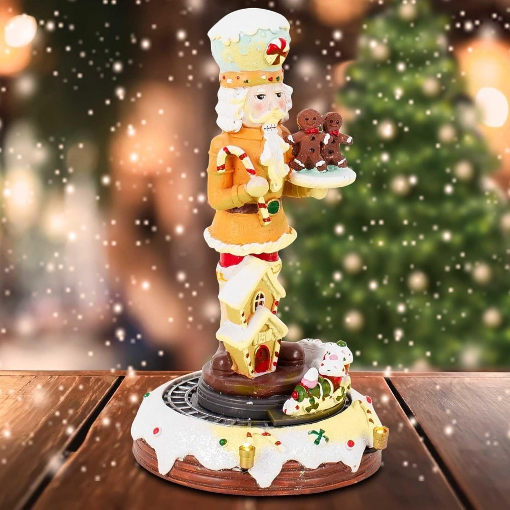 Christmas Gingerbread Nutcracker Collection Figurines, Animated Rotating Train Tiered Nutcracker Decor with LED Light, Indoor Winter Table Desktop Fireplace Decorations