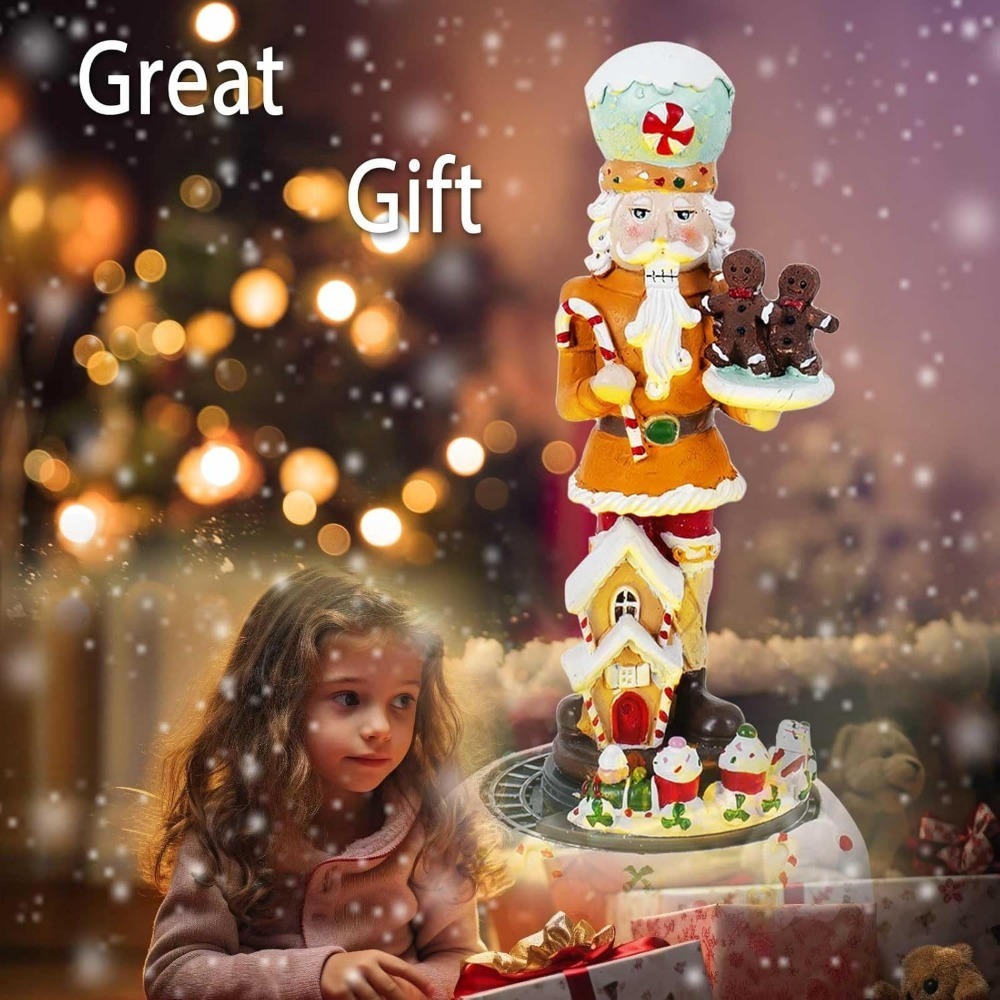 Christmas Gingerbread Nutcracker Collection Figurines, Animated Rotating Train Tiered Nutcracker Decor with LED Light, Indoor Winter Table Desktop Fireplace Decorations