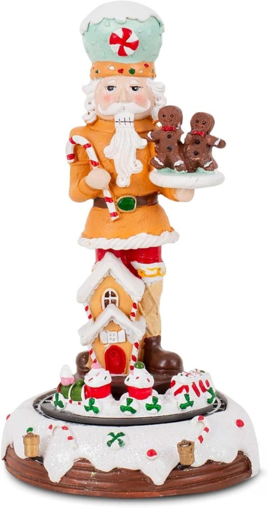 Christmas Gingerbread Nutcracker Collection Figurines, Animated Rotating Train Tiered Nutcracker Decor with LED Light, Indoor Winter Table Desktop Fireplace Decorations