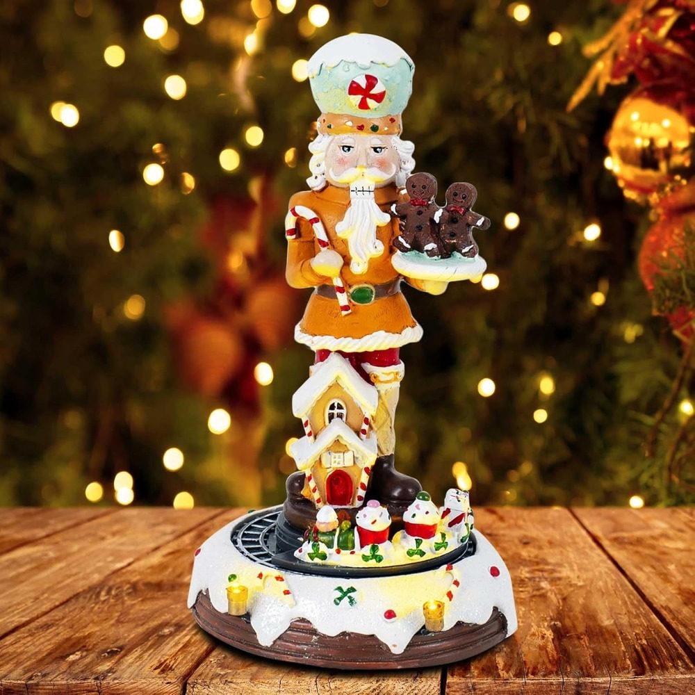Christmas Gingerbread Nutcracker Collection Figurines, Animated Rotating Train Tiered Nutcracker Decor with LED Light, Indoor Winter Table Desktop Fireplace Decorations