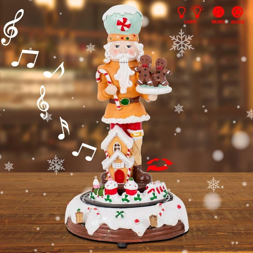 Christmas Gingerbread Nutcracker Collection Figurines, Animated Rotating Train Tiered Nutcracker Decor with LED Light, Indoor Winter Table Desktop Fireplace Decorations