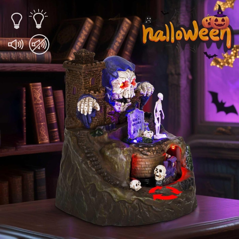Animated Halloween Small Village House - Moving Train and Skull Ghosts Tombstones Figurines with Pre-Lit Spooky Voice, Battery Operated, Not Including