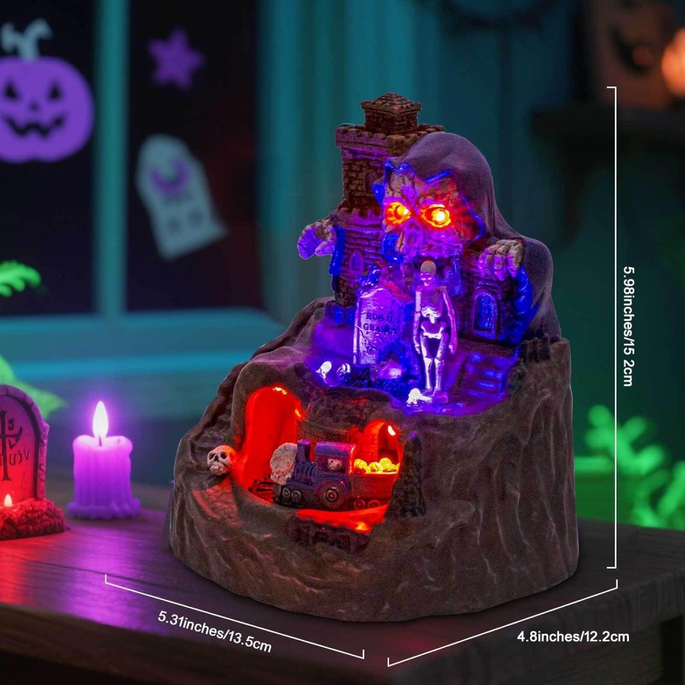 Animated Halloween Small Village House - Moving Train and Skull Ghosts Tombstones Figurines with Pre-Lit Spooky Voice, Battery Operated, Not Including