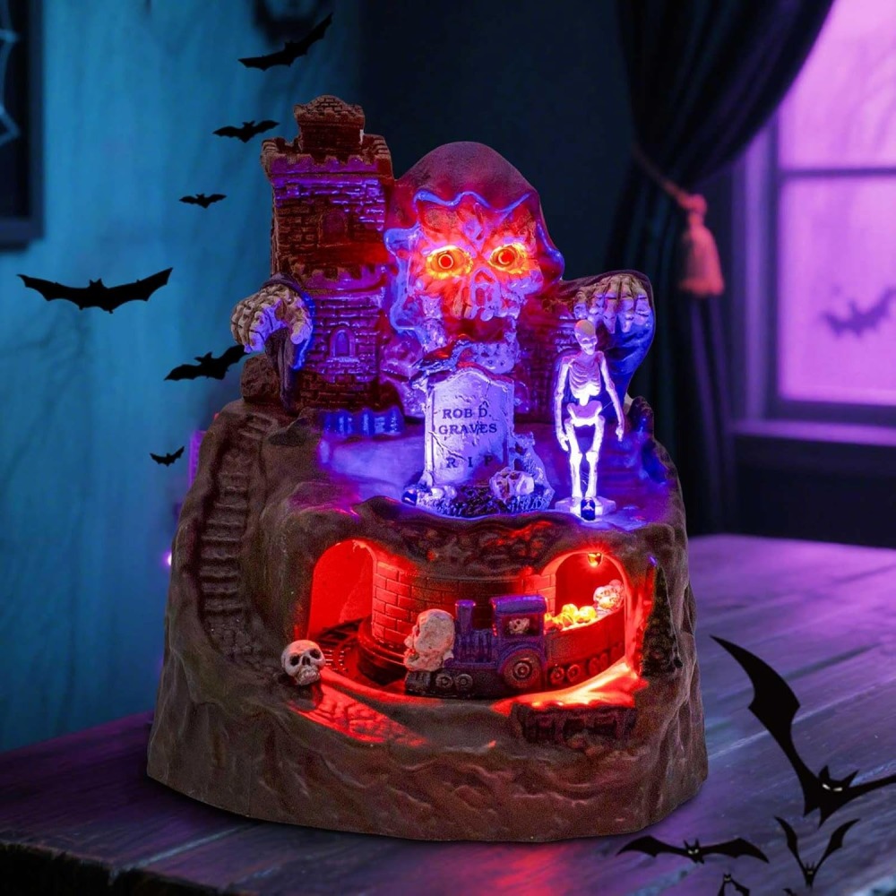 Animated Halloween Small Village House - Moving Train and Skull Ghosts Tombstones Figurines with Pre-Lit Spooky Voice, Battery Operated, Not Including