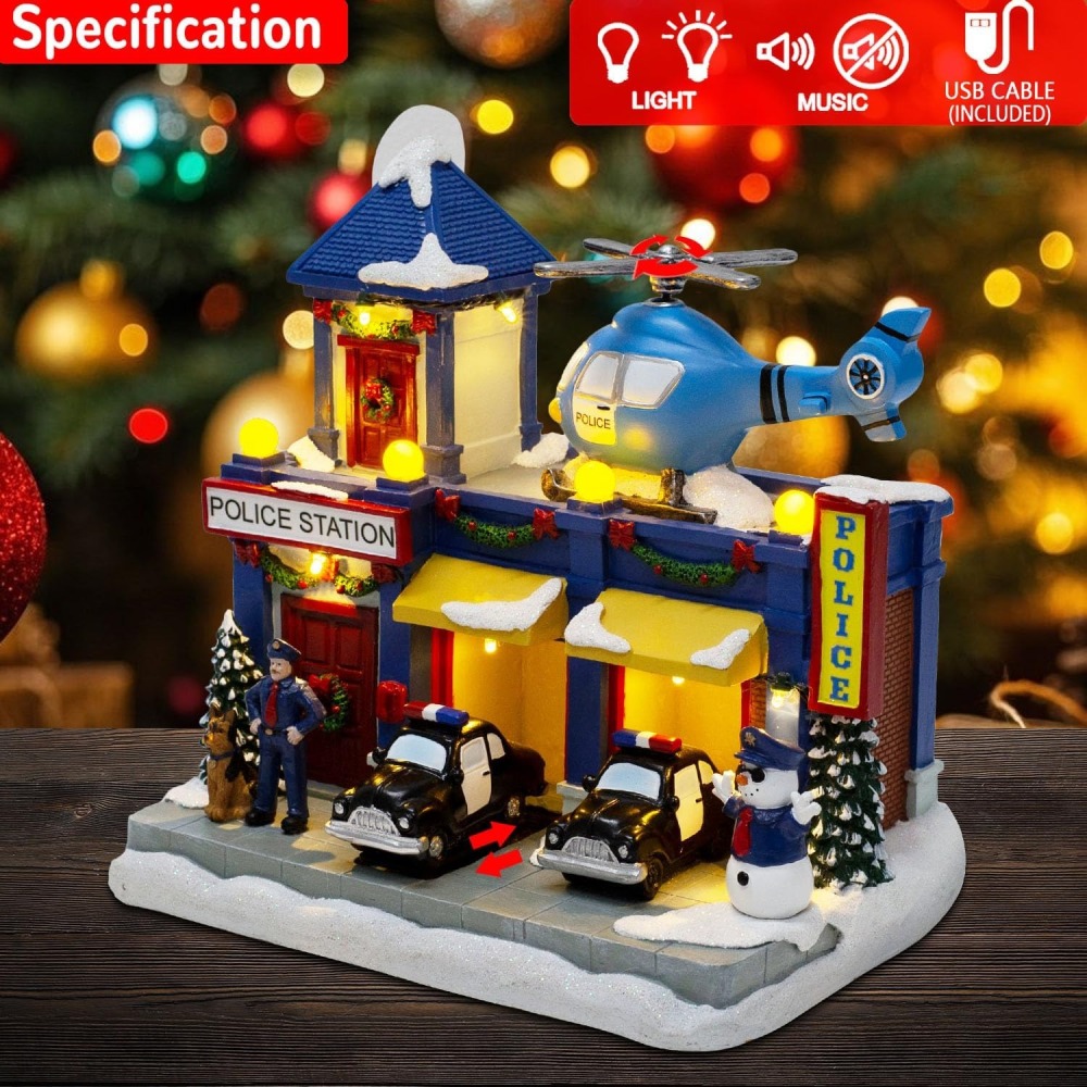 Christmas Animated Train Station Tabletop Décor – Lighted Building with Clock, Music, LED Lights, Moving Train – Christmas Village Indoor Display (Police Station)