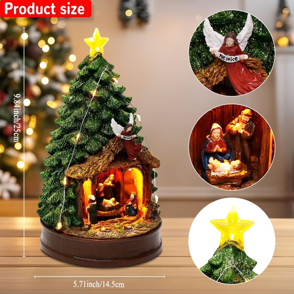 Lighted Christmas Tree Nativity Scene Figurines – Music and Animated Holiday Decoration with Angel, Star & Manger – Collectible Tabletop Scene, 9.84" Tall