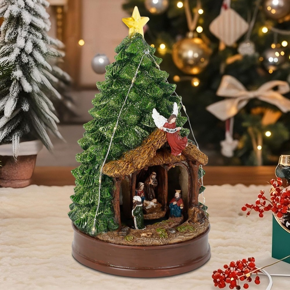 Lighted Christmas Tree Nativity Scene Figurines – Music and Animated Holiday Decoration with Angel, Star & Manger – Collectible Tabletop Scene, 9.84" Tall