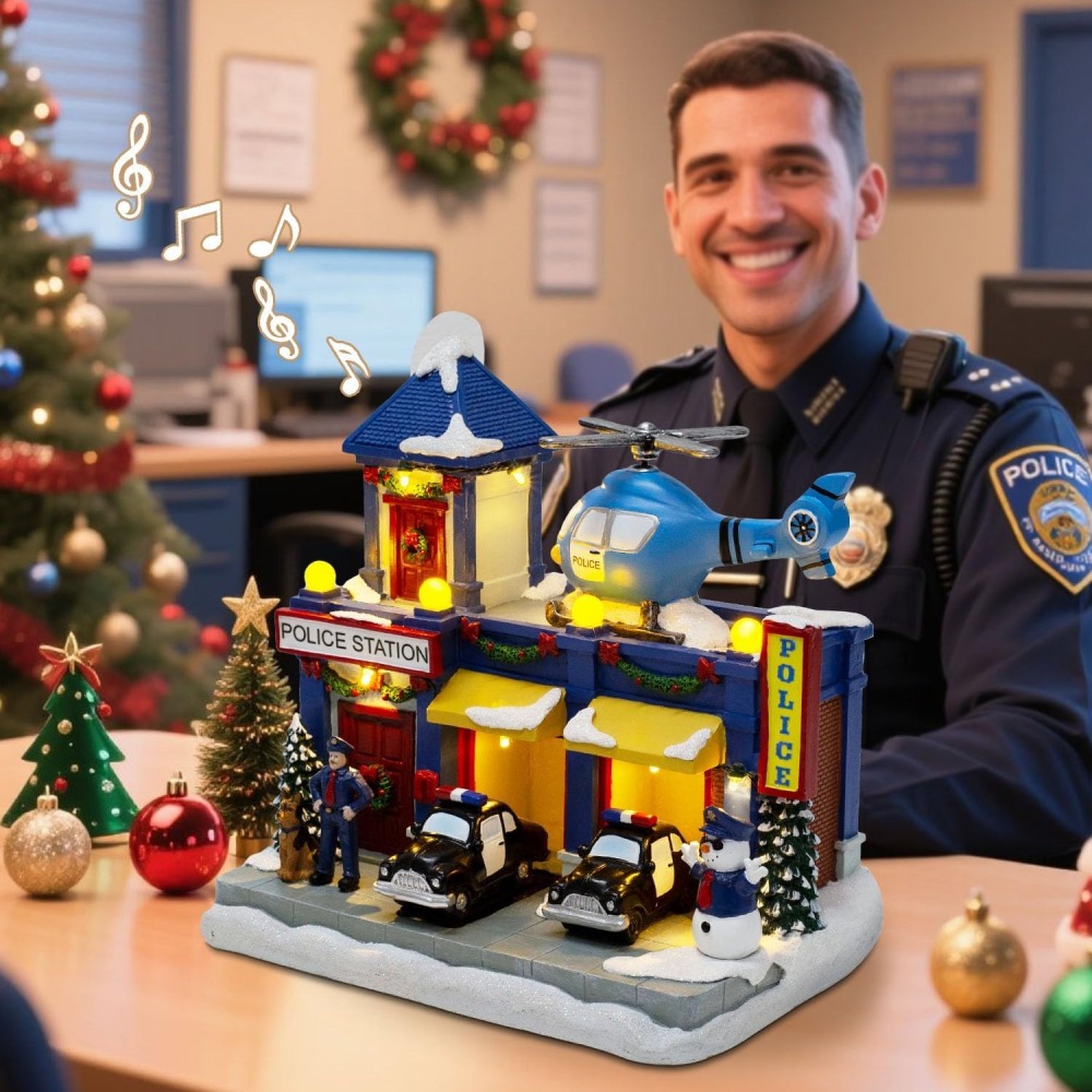 Christmas Animated Train Station Tabletop Décor – Lighted Building with Clock, Music, LED Lights, Moving Train – Christmas Village Indoor Display (Police Station)