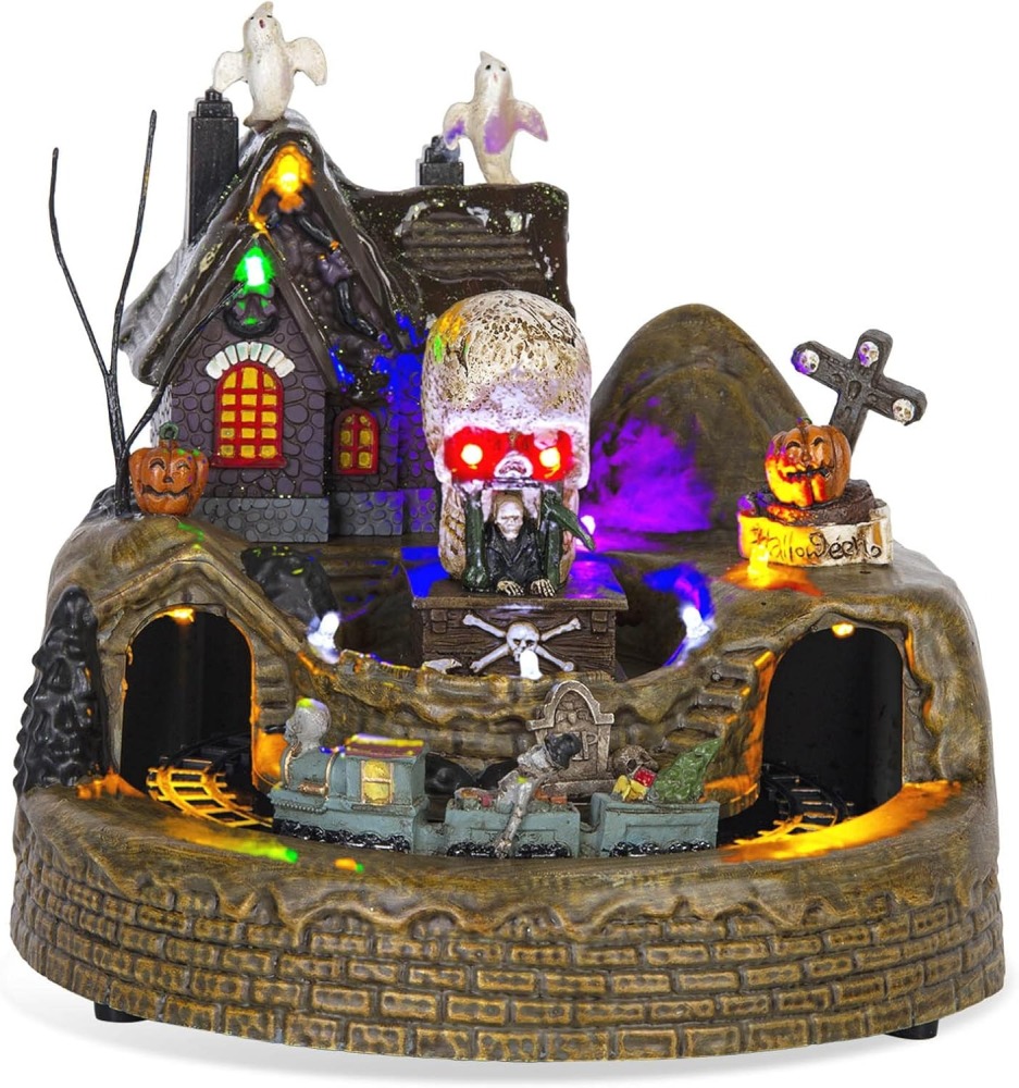 Animated Halloween Train Village Set with Ghosts, Skeletons, Spooky House, LED Lights, 7.67 Inches, Multicolor
