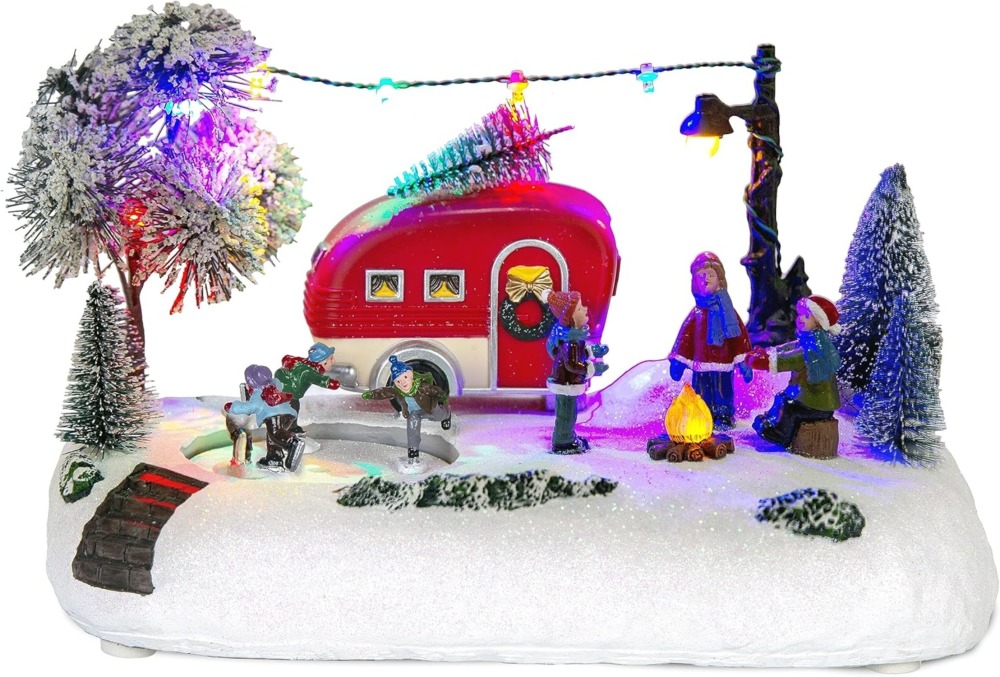 Animated Christmas Camper Village Building, Illuminated LED Light Christmas Village House Scene Holiday Collection Indoor Decorations for Table, Fireplace, and Shelf, Musical and Battery Operated