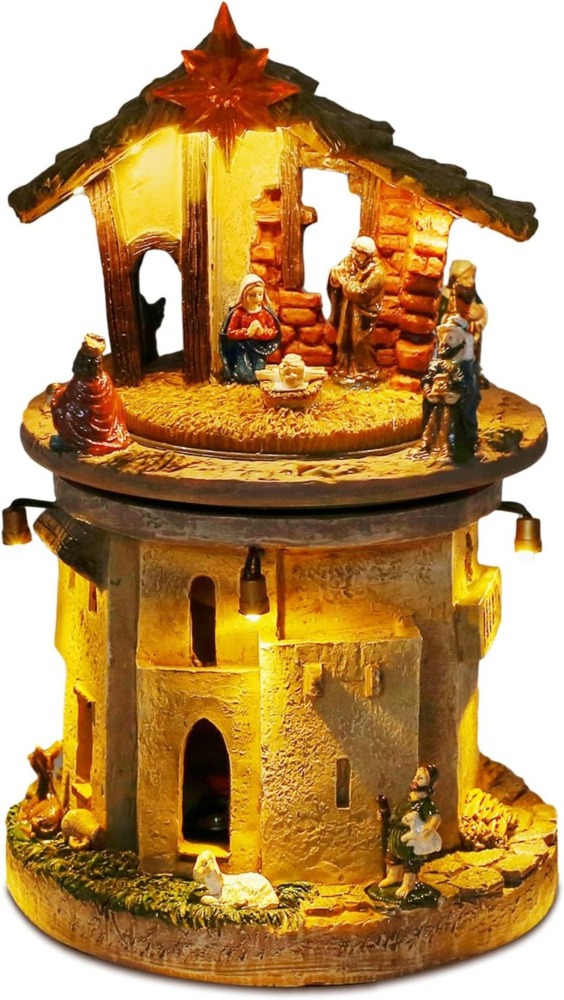 Lighted Christmas Rotating Nativity Scene – Holy Family Collectible with LED and Religious, Animated Manger Figurines – Battery Operated Christmas Decoration (Tower Nativity)