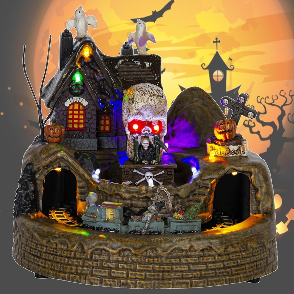 Animated Halloween Train Village Set with Ghosts, Skeletons, Spooky House, LED Lights, 7.67 Inches, Multicolor
