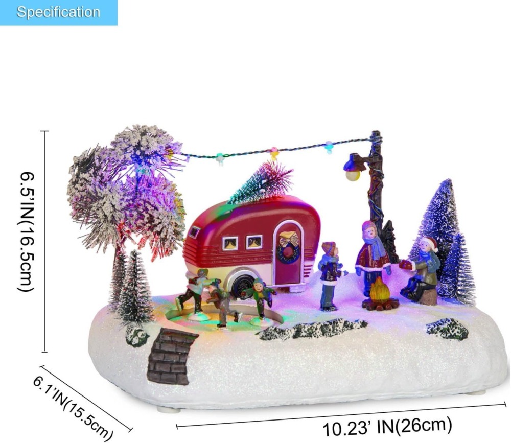 Animated Christmas Camper Village Building, Illuminated LED Light Christmas Village House Scene Holiday Collection Indoor Decorations for Table, Fireplace, and Shelf, Musical and Battery Operated