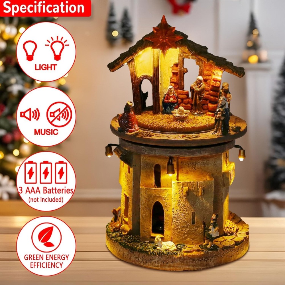 Lighted Christmas Rotating Nativity Scene – Holy Family Collectible with LED and Religious, Animated Manger Figurines – Battery Operated Christmas Decoration (Tower Nativity)