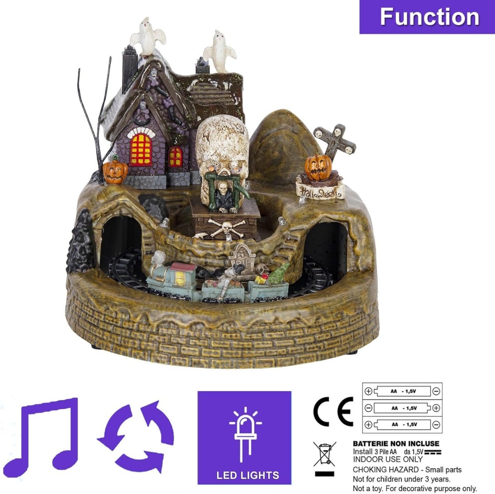 Animated Halloween Train Village Set with Ghosts, Skeletons, Spooky House, LED Lights, 7.67 Inches, Multicolor