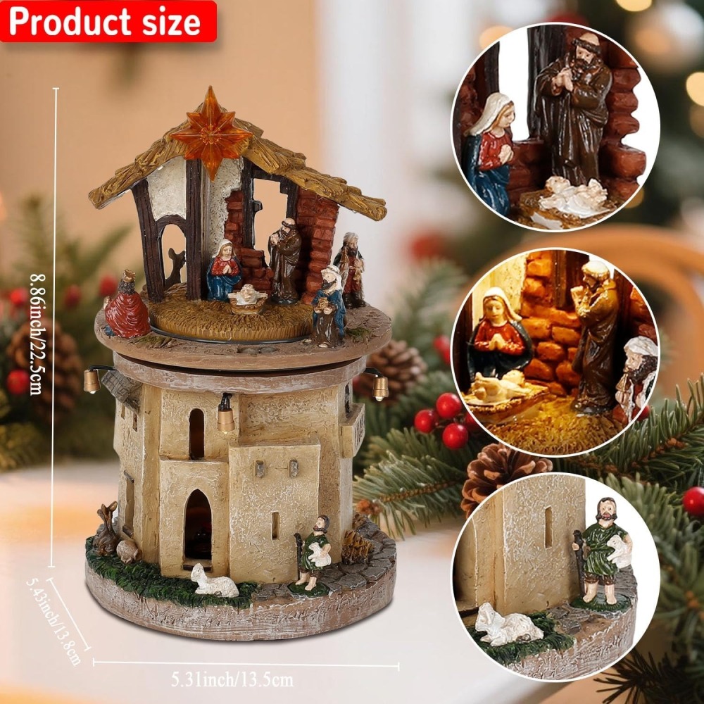 Lighted Christmas Rotating Nativity Scene – Holy Family Collectible with LED and Religious, Animated Manger Figurines – Battery Operated Christmas Decoration (Tower Nativity)