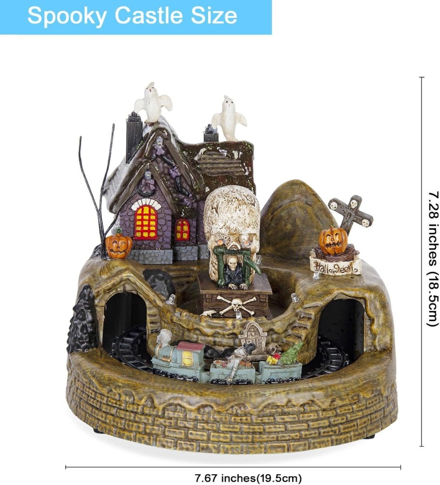 Animated Halloween Train Village Set with Ghosts, Skeletons, Spooky House, LED Lights, 7.67 Inches, Multicolor