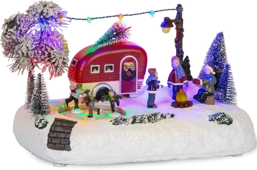 Animated Christmas Camper Village Building, Illuminated LED Light Christmas Village House Scene Holiday Collection Indoor Decorations for Table, Fireplace, and Shelf, Musical and Battery Operated