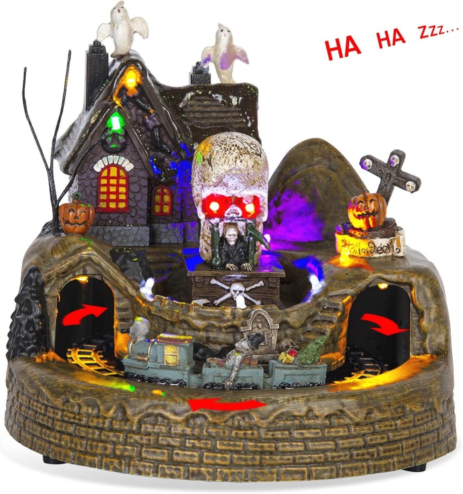 Animated Halloween Train Village Set with Ghosts, Skeletons, Spooky House, LED Lights, 7.67 Inches, Multicolor