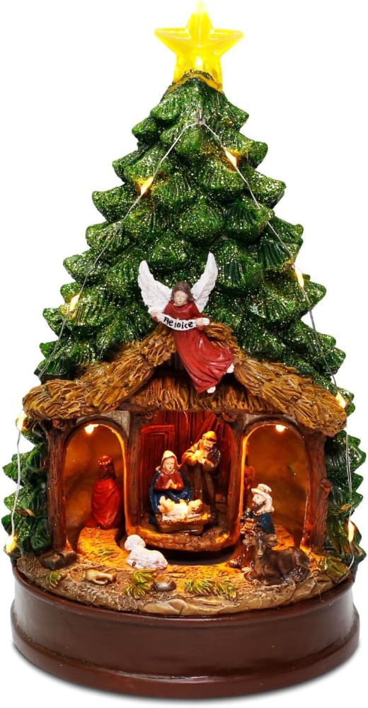 Lighted Christmas Tree Nativity Scene Figurines – Music and Animated Holiday Decoration with Angel, Star & Manger – Collectible Tabletop Scene, 9.84" Tall